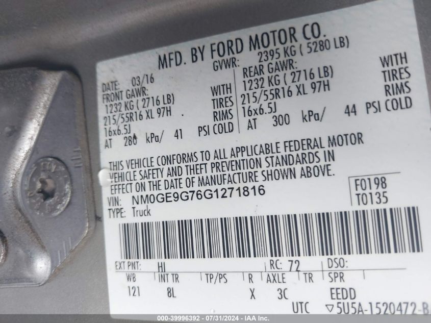 2016 Ford Transit Connect Titanium VIN: NM0GE9G76G1271816 Lot: 39996392