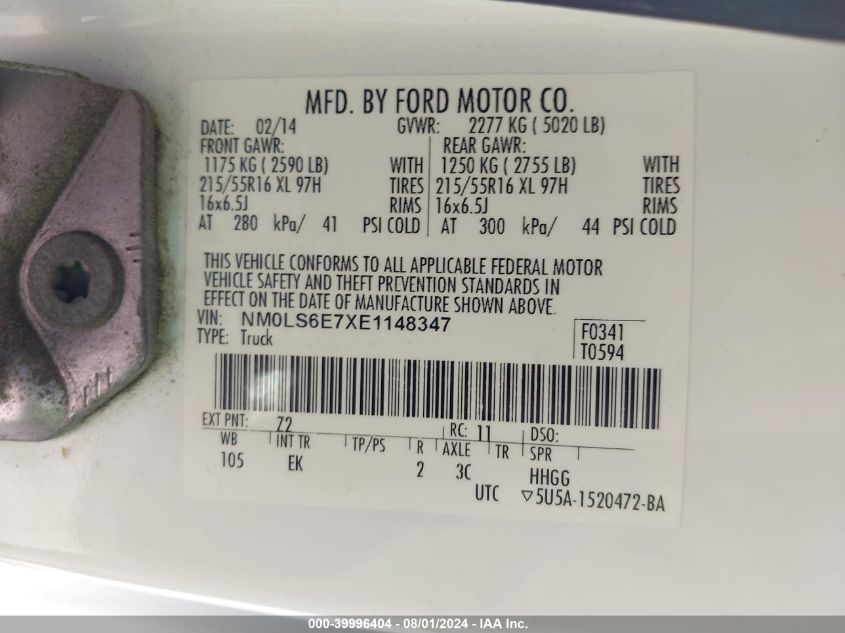 2014 Ford Transit Connect Xl VIN: NM0LS6E7XE1148347 Lot: 39996404