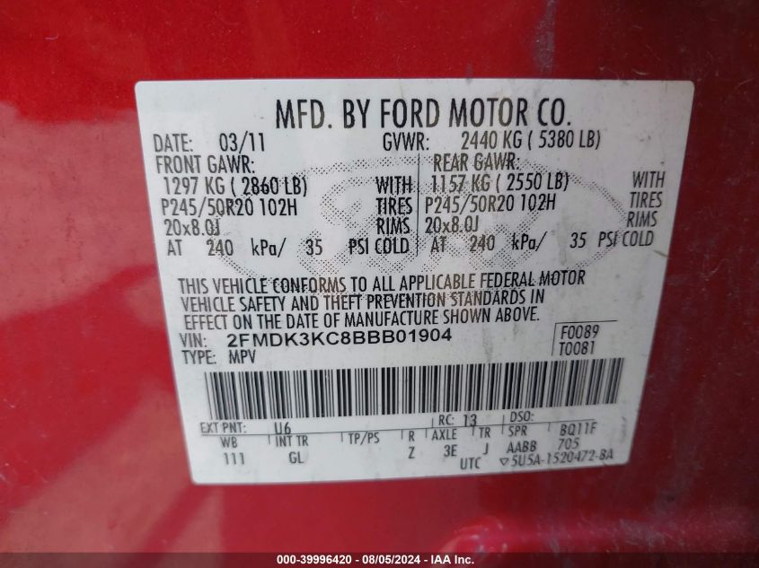 2011 Ford Edge Limited VIN: 2FMDK3KC8BBB01904 Lot: 39996420