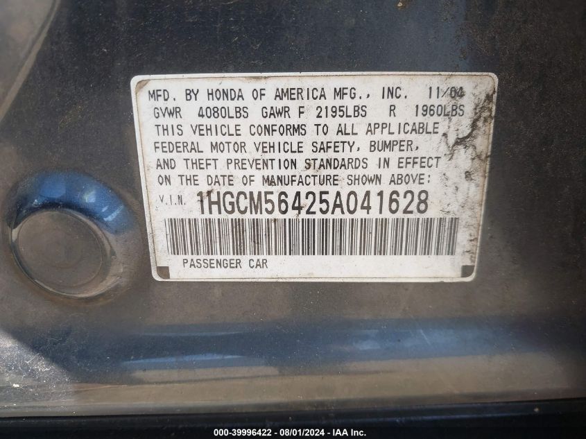 2005 Honda Accord 2.4 Lx VIN: 1HGCM56425A041628 Lot: 39996422