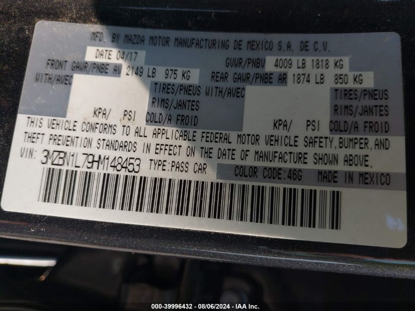 2017 Mazda Mazda3 Touring VIN: 3MZBN1L79HM148453 Lot: 39996432