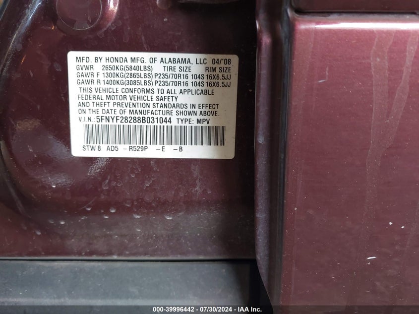 2008 Honda Pilot Vp VIN: 5FNYF28288B031044 Lot: 39996442