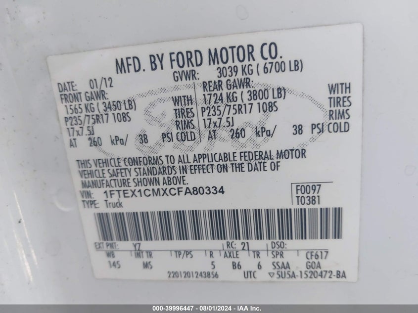 2012 Ford F-150 Xlt VIN: 1FTEX1CMXCFA80334 Lot: 39996447