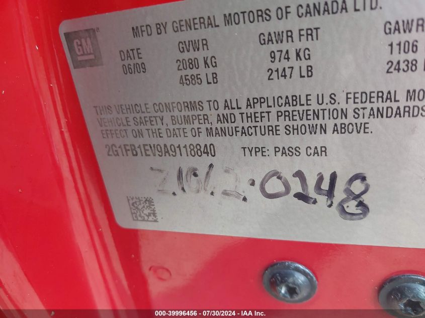 2010 Chevrolet Camaro 1Lt VIN: 2G1FB1EV9A9118840 Lot: 39996456