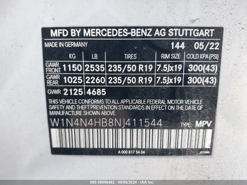 2022 Mercedes-Benz Gla 250 4Matic VIN: W1N4N4HB8NJ411544 Lot: 39996462