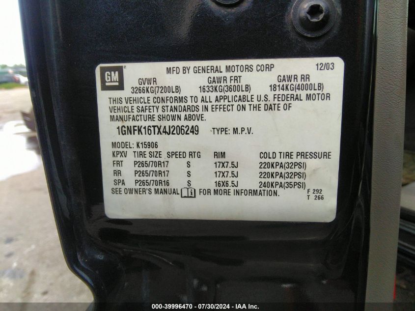 2004 Chevrolet Suburban 1500 Lt VIN: 1GNFK16TX4J206249 Lot: 39996470