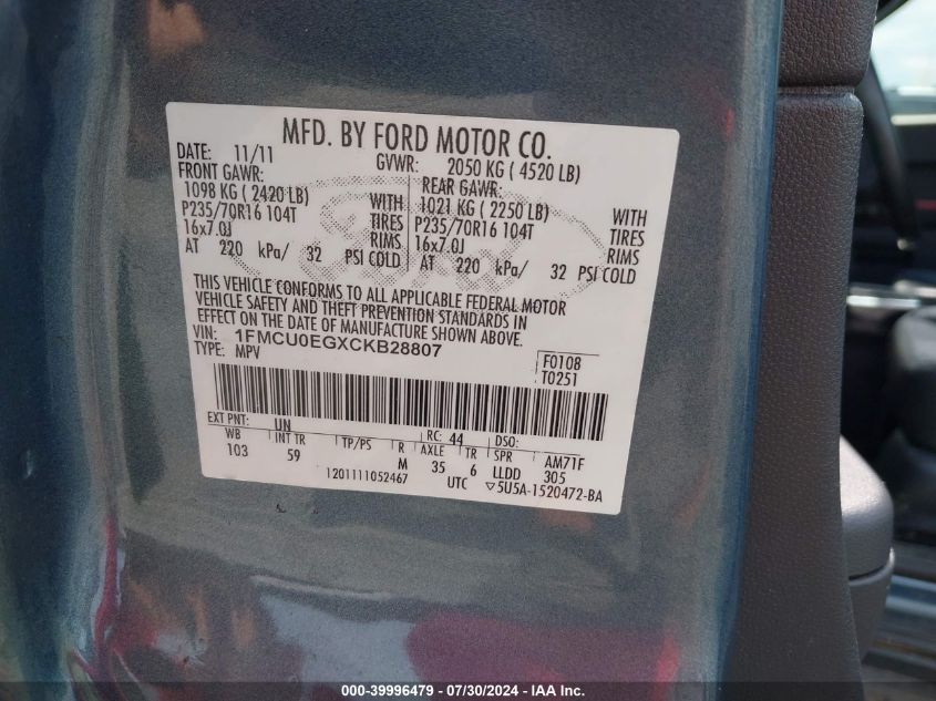 2012 Ford Escape Limited VIN: 1FMCU0EGXCKB28807 Lot: 39996479