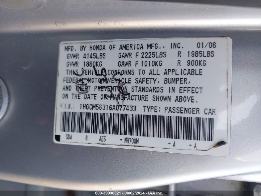 2006 Honda Accord Lx VIN: 1HGCM66316A077433 Lot: 39996521