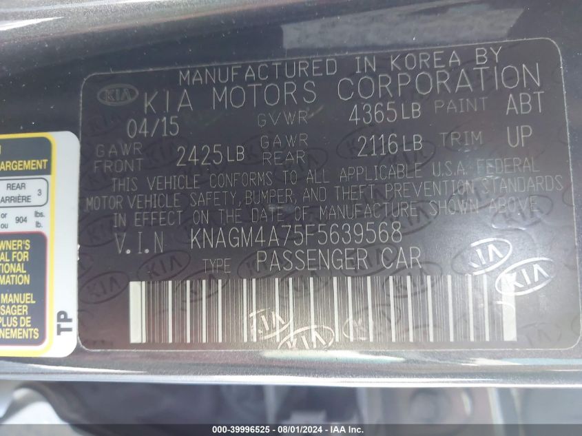 2015 Kia Optima Lx VIN: KNAGM4A75F5639568 Lot: 39996525