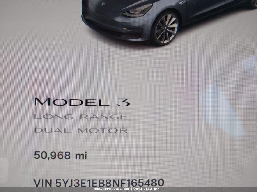 2022 Tesla Model 3 Long Range Dual Motor All-Wheel Drive VIN: 5YJ3E1EB8NF165480 Lot: 39996536