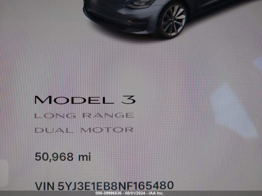 2022 Tesla Model 3 Long Range Dual Motor All-Wheel Drive VIN: 5YJ3E1EB8NF165480 Lot: 39996536