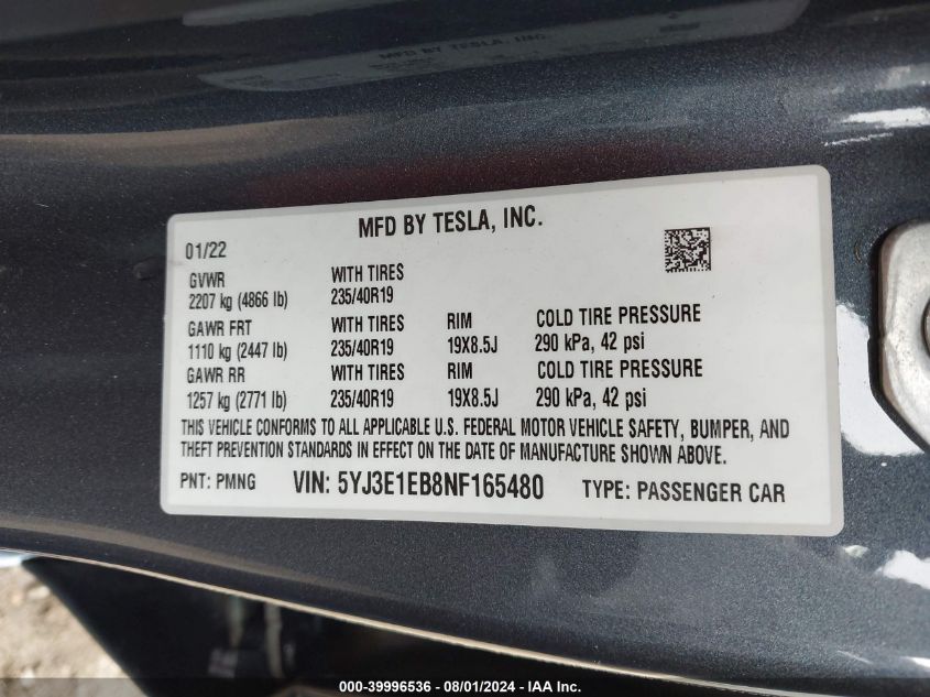 2022 Tesla Model 3 Long Range Dual Motor All-Wheel Drive VIN: 5YJ3E1EB8NF165480 Lot: 39996536