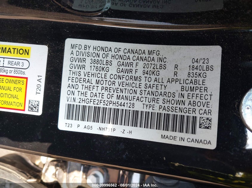 2023 HONDA CIVIC SPORT - 2HGFE2F52PH544128