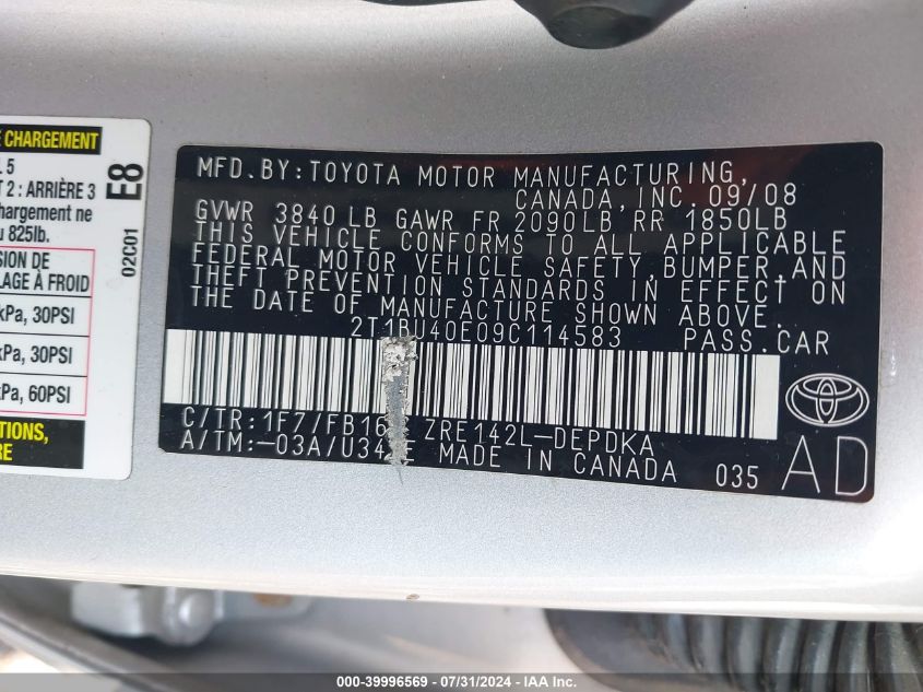 2009 Toyota Corolla S/Le/Xle VIN: 2T1BU40E09C114583 Lot: 39996569