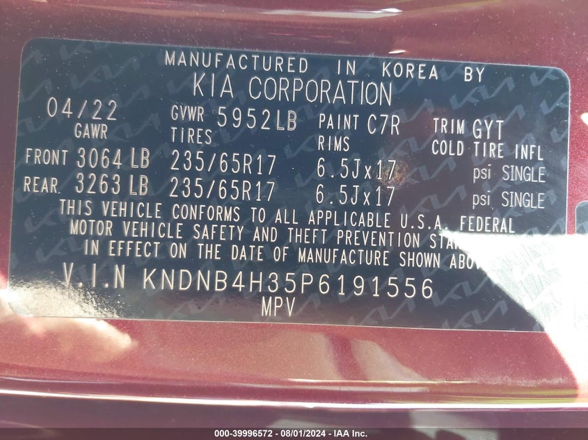 2023 KIA CARNIVAL 3.5L V6   N(VIN: KNDNB4H35P6191556