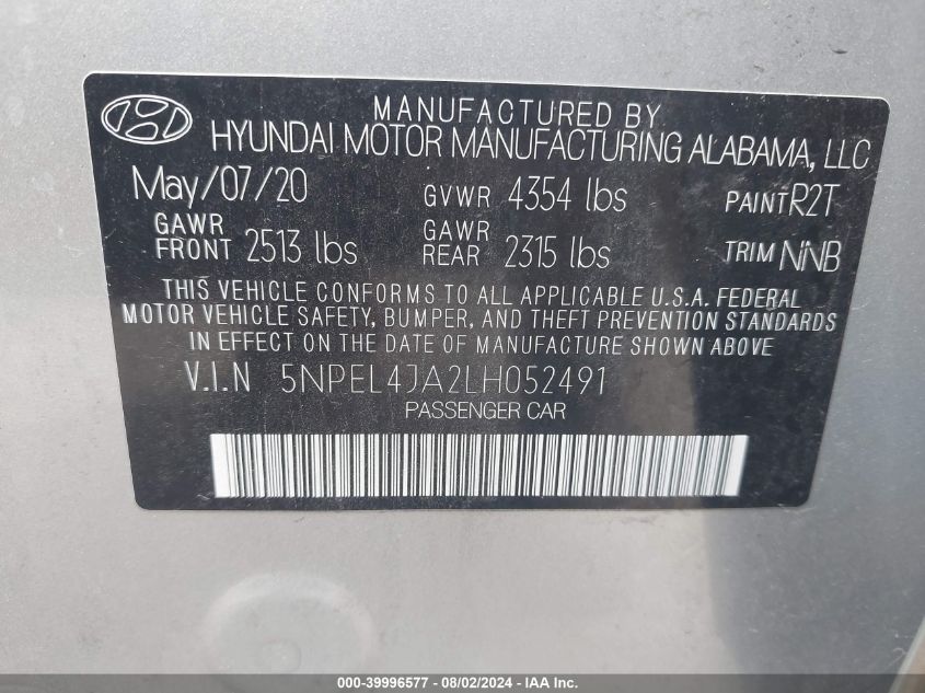 2020 Hyundai Sonata Sel VIN: 5NPEL4JA2LH052491 Lot: 39996577