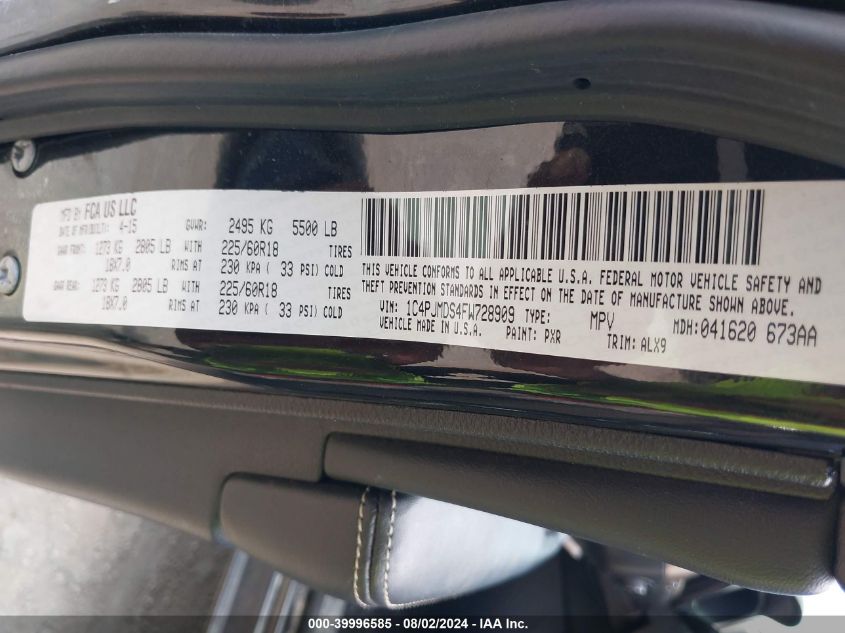 2015 Jeep Cherokee Limited VIN: 1C4PJMDS4FW728909 Lot: 39996585