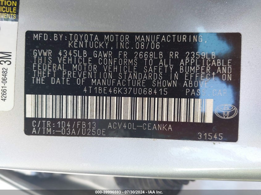 2007 Toyota Camry Le VIN: 4T1BE46K37U068415 Lot: 39996593