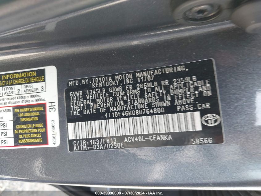 2008 Toyota Camry Le VIN: 4T1BE46K08U764800 Lot: 39996608