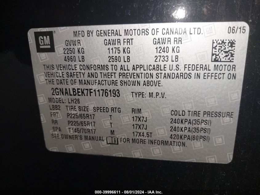 2015 Chevrolet Equinox 1Lt VIN: 2GNALBEK7F1176193 Lot: 39996611