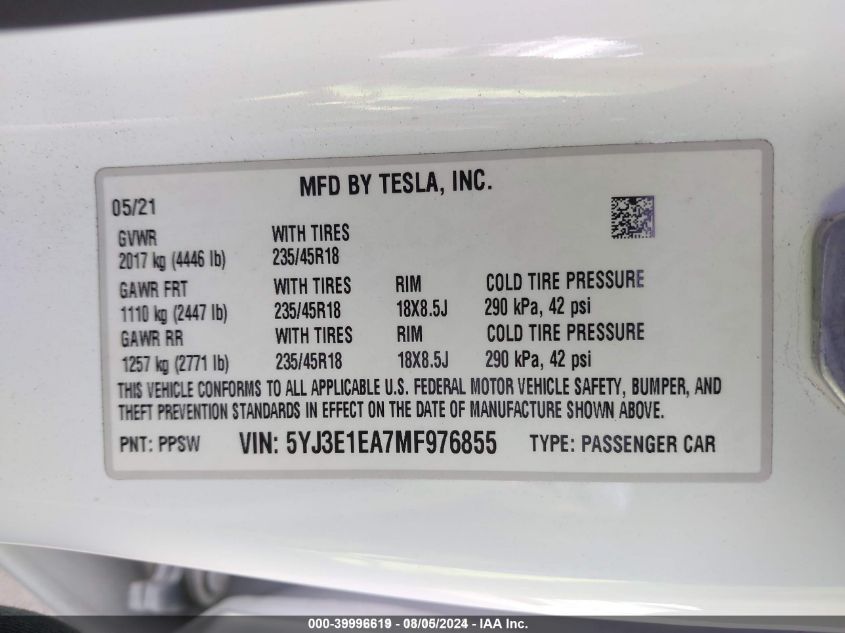 2021 Tesla Model 3 Standard Range Plus Rear-Wheel Drive VIN: 5YJ3E1EA7MF976855 Lot: 39996619