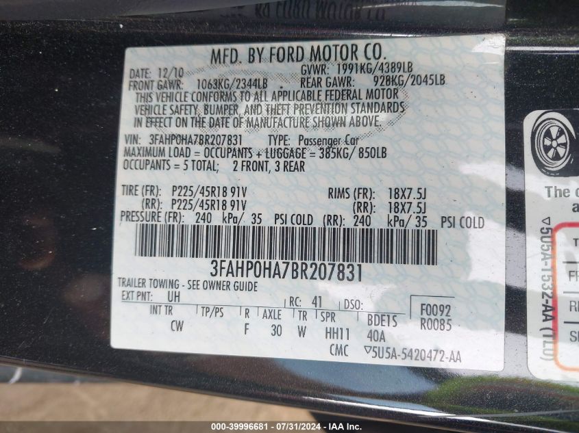 2011 Ford Fusion Se VIN: 3FAHP0HA7BR207831 Lot: 39996681