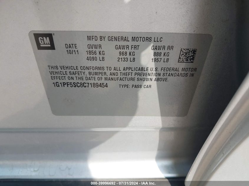 2012 Chevrolet Cruze 1Lt VIN: 1G1PF5SC8C7189454 Lot: 39996692