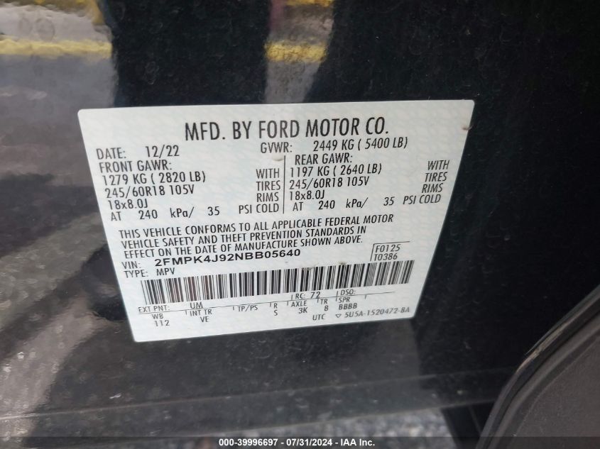 2022 Ford Edge Sel VIN: 2FMPK4J92NBB05640 Lot: 39996697