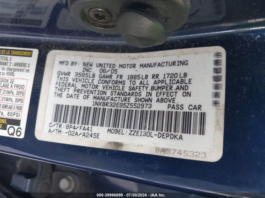 2005 Toyota Corolla Ce VIN: 1NXBR32E95Z552973 Lot: 39996699