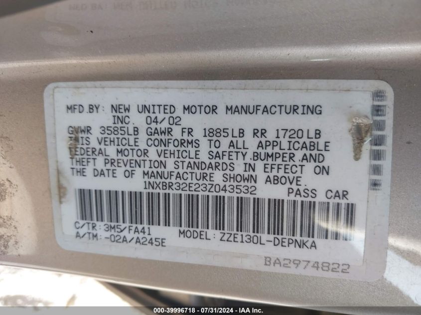 2003 Toyota Corolla Le VIN: 1NXBR32E23Z043532 Lot: 39996718