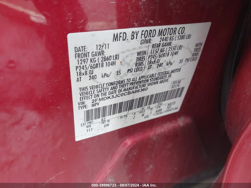 2012 Ford Edge Sel VIN: 2FMDK3JC0CBA66360 Lot: 39996723