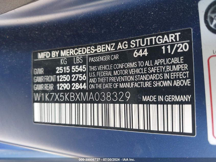 2021 Mercedes-Benz Amg Gt 43 4-Door Coupe VIN: W1K7X5KBXMA038329 Lot: 39996727