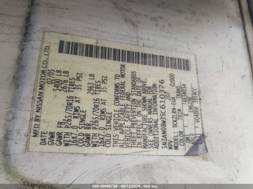 2005 Nissan Xterra Off Road/S/Se VIN: 5N1AN08W35C610376 Lot: 39996729