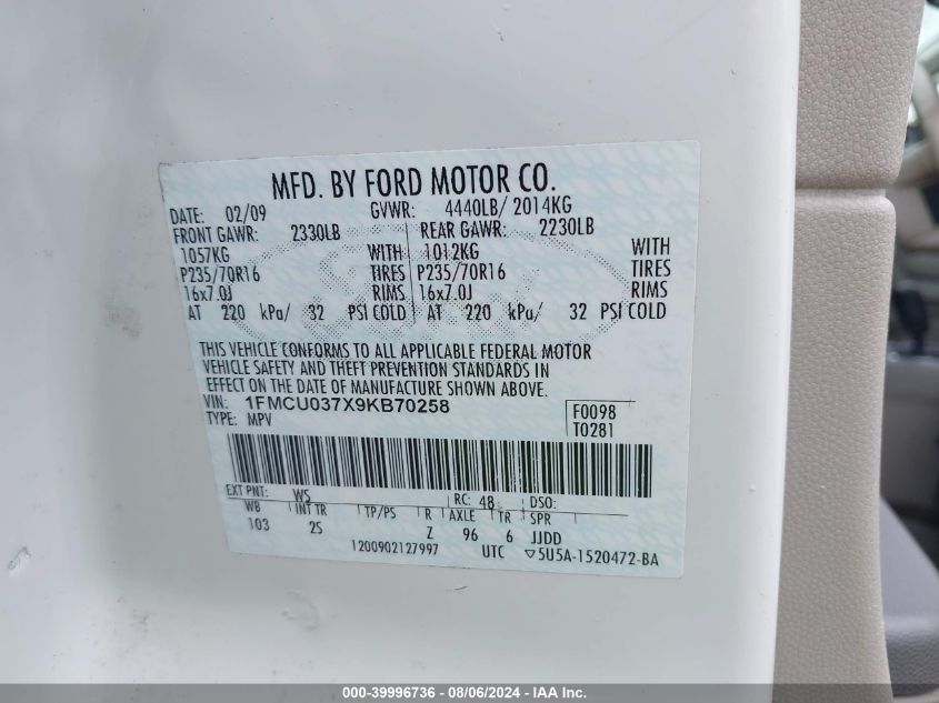 2009 Ford Escape Xlt VIN: 1FMCU037X9KB70258 Lot: 39996736