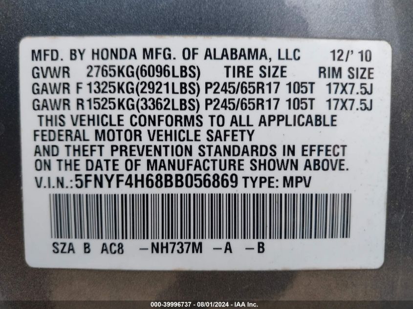 2011 Honda Pilot Ex-L VIN: 5FNYF4H68BB056869 Lot: 39996737