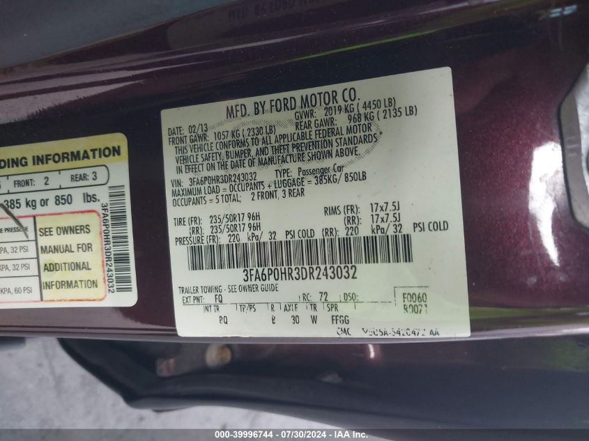 3FA6P0HR3DR243032 2013 Ford Fusion Se