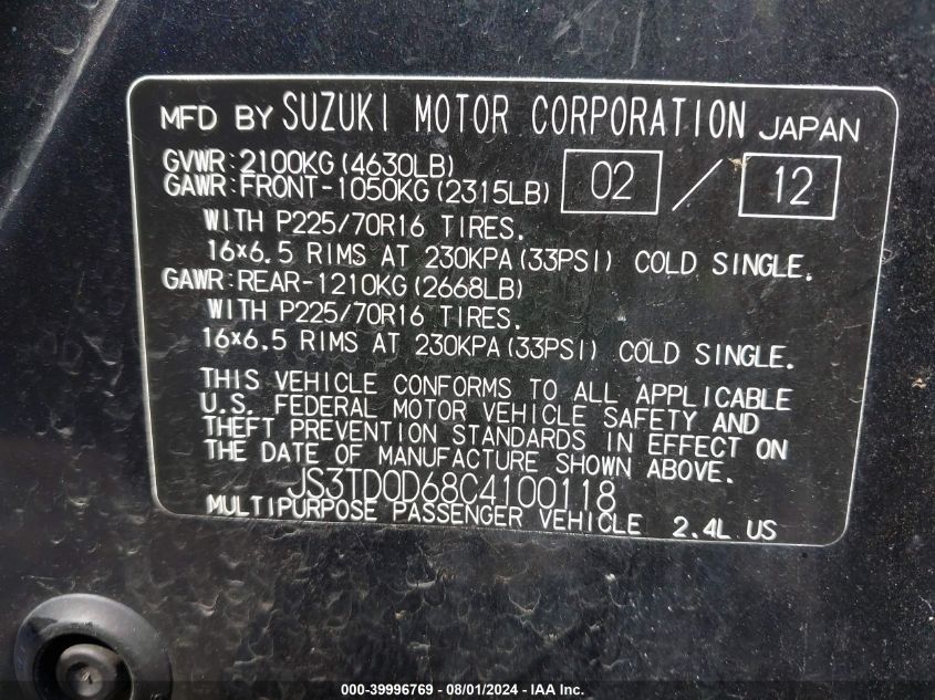 JS3TD0D68C4100118 2012 Suzuki Grand Vitara Premium