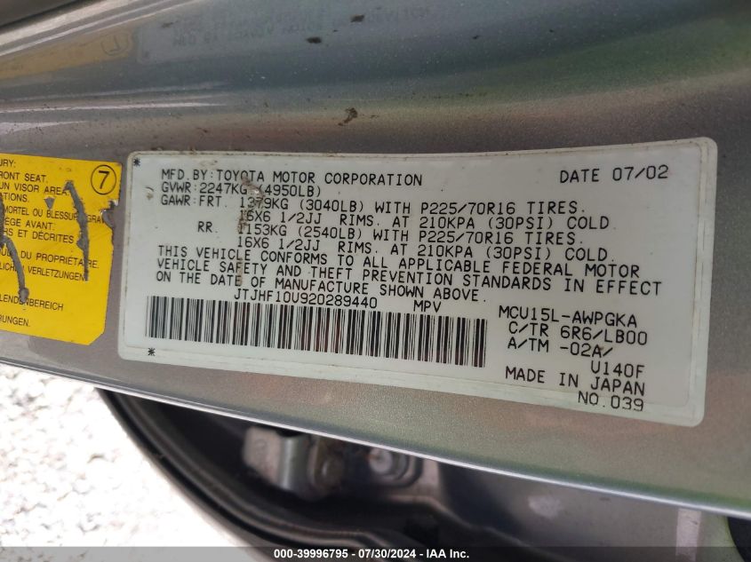 2002 Lexus Rx 300 VIN: JTJHF10U920289440 Lot: 39996795