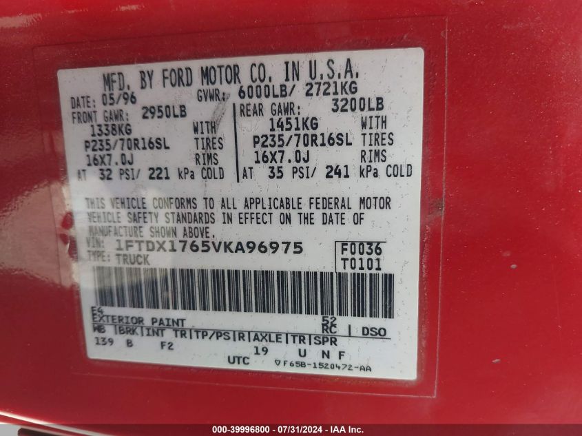 1997 Ford F-150 Lariat/Standard/Xl/Xlt VIN: 1FTDX1765VKA96975 Lot: 39996800