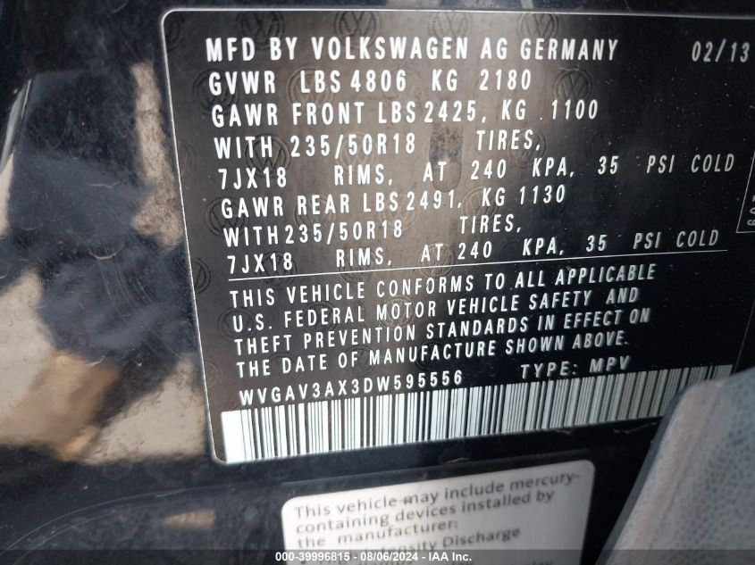 2013 VOLKSWAGEN TIGUAN SE - WVGAV3AX3DW595556