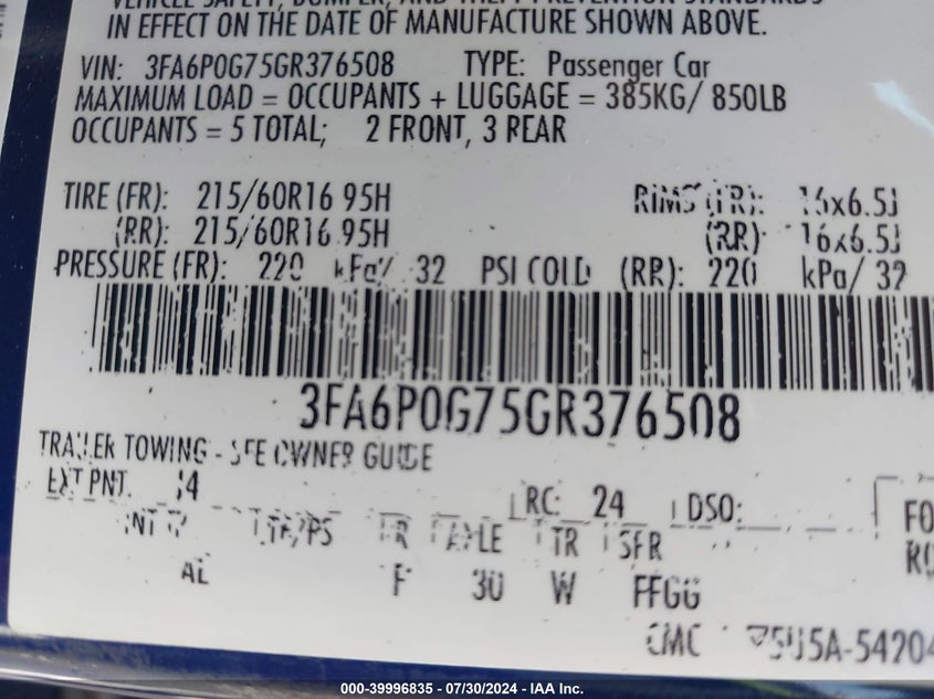 2016 Ford Fusion S VIN: 3FA6P0G75GR376508 Lot: 39996835