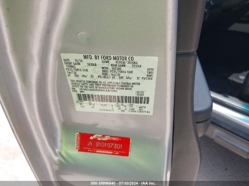 2011 Ford Escape Xlt VIN: 1FMCU0DG9BKA81091 Lot: 39996840