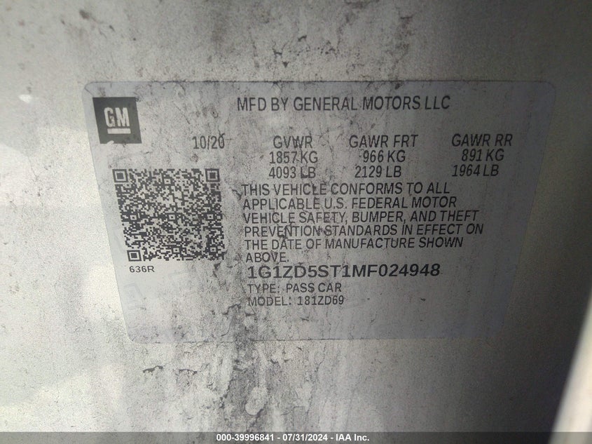 2021 CHEVROLET MALIBU 1.5L I-4 DI, DOHC, V(VIN: 1G1ZD5ST1MF024948