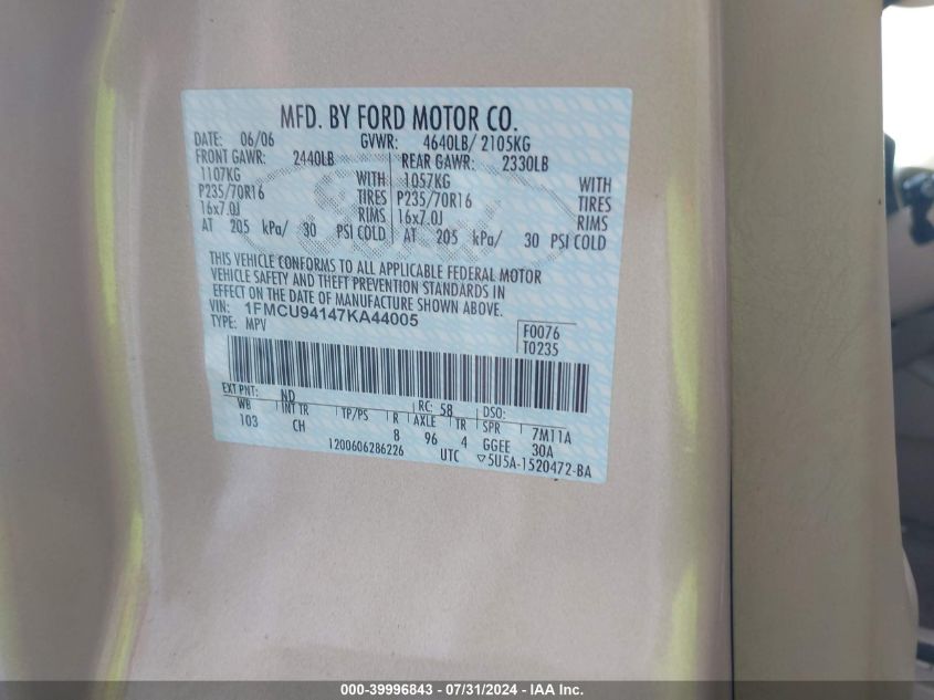 2007 Ford Escape Limited VIN: 1FMCU94147KA44005 Lot: 39996843