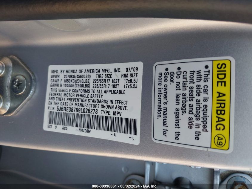 2009 Honda Cr-V Exl VIN: 5J6RE38769L026278 Lot: 39996861