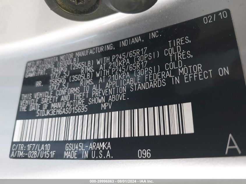 2010 Toyota Highlander Se V6 VIN: 5TDJK3EH6AS015695 Lot: 39996863