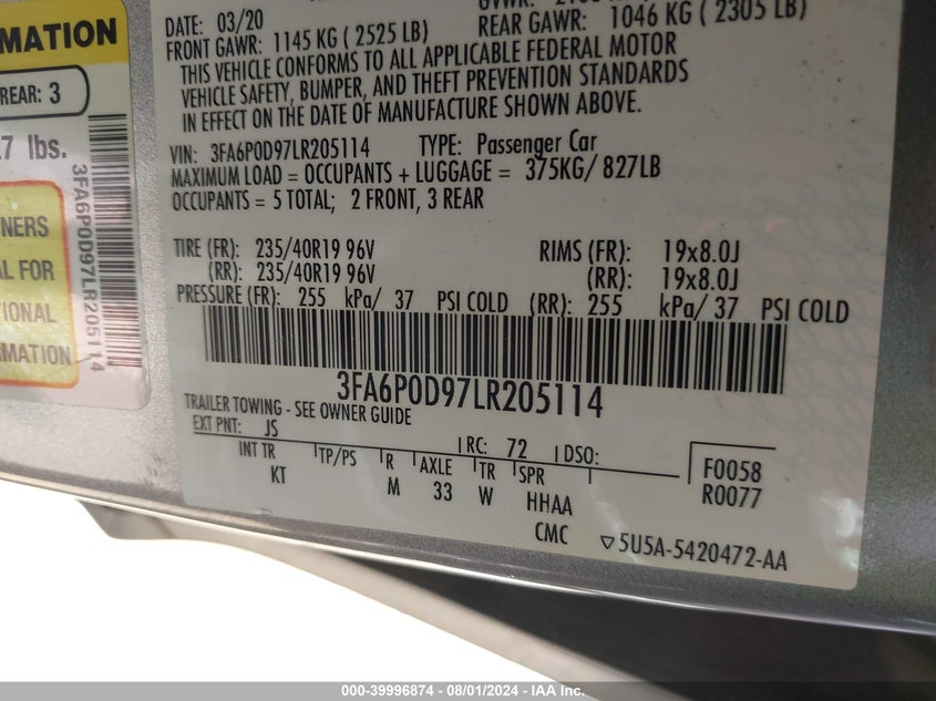 2020 Ford Fusion Titanium VIN: 3FA6P0D97LR205114 Lot: 39996874