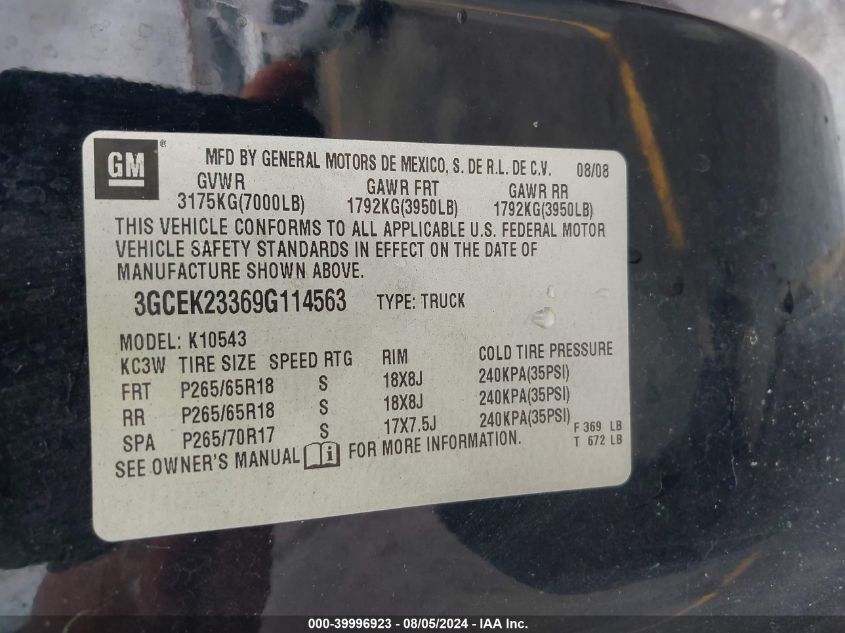 2009 Chevrolet Silverado K1500 Lt VIN: 3GCEK23369G114563 Lot: 39996923