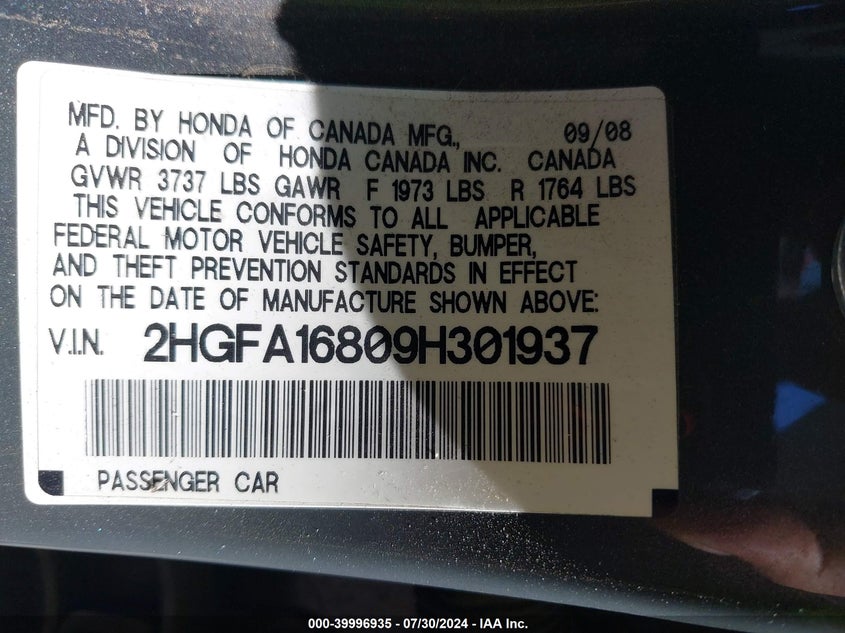 2009 Honda Civic Ex VIN: 2HGFA16809H301937 Lot: 39996935