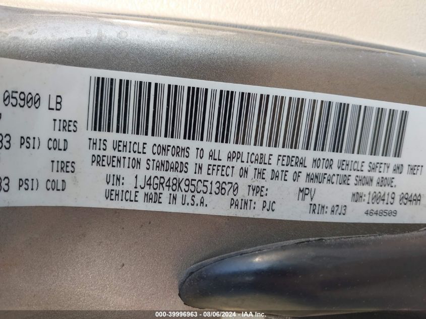 2005 Jeep Grand Cherokee Laredo VIN: 1J4GR48K95C513670 Lot: 39996963